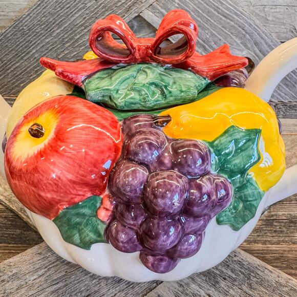 1992 Vintage Fitz and Floyd Omnibus Fruit Basket Tea Pot w/ Red Bow - Picture 2 of 10